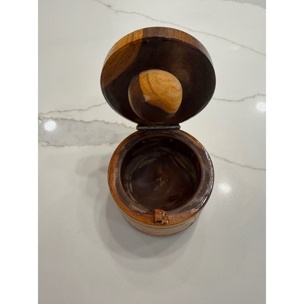 Vintage Handcrafted Round Wood Trinket Box Hinged Lid High Gloss Brown 3 Inch